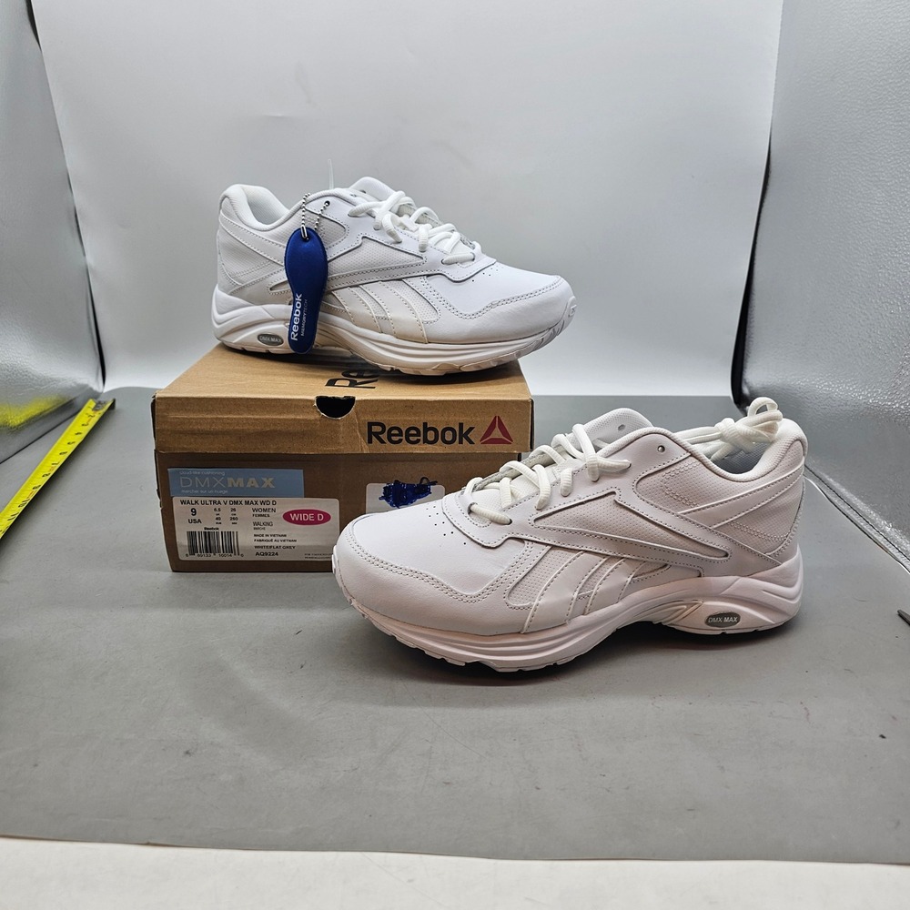 Reebok Walk Ultra V DMX Max Women White Flat Grey Walking Shoes AQ9224 Wide D 9